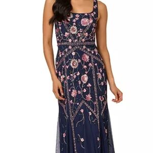 Adrianna Papell Navy and Pink Embroidered Maxi Dress